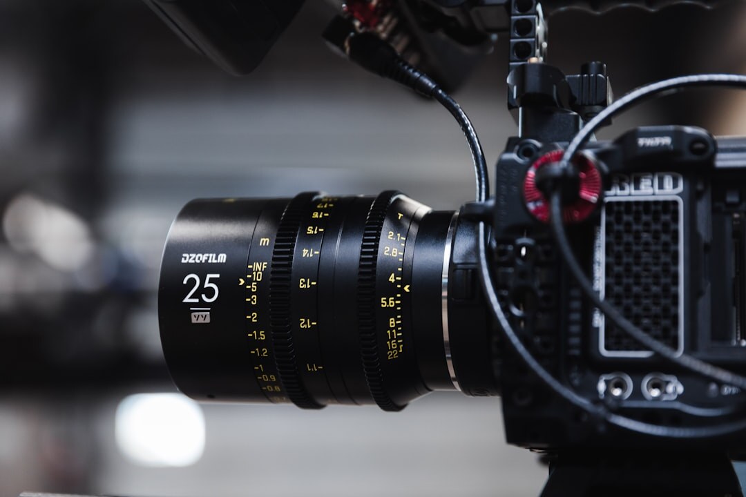 Close-up of a professional cinema camera lens